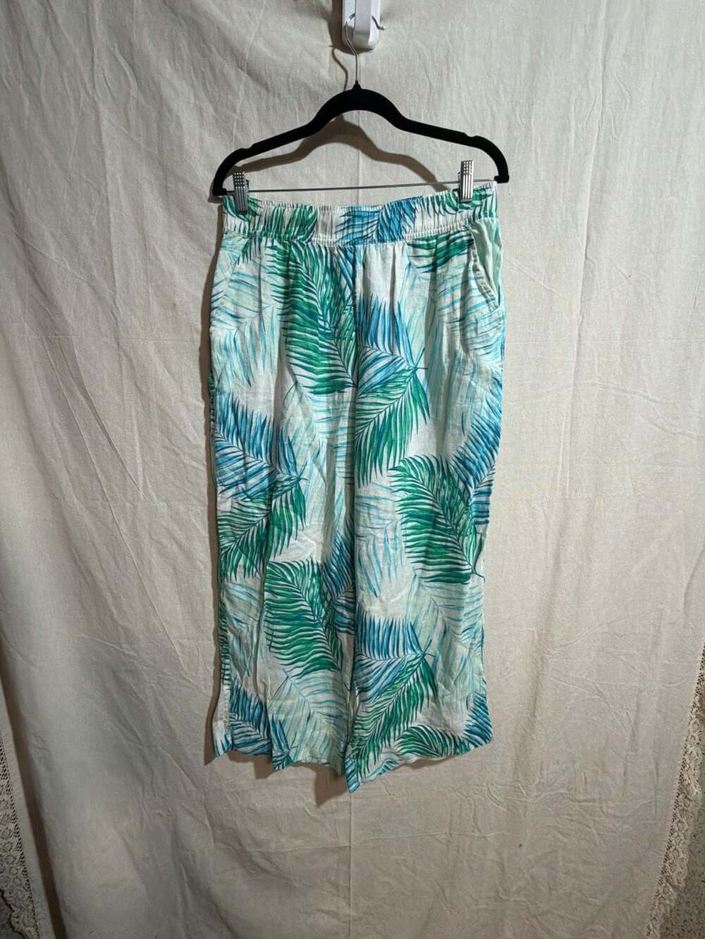 Tahari 100% Linen Tropical Palm Leaf Print Wide-Leg Cropped Pants